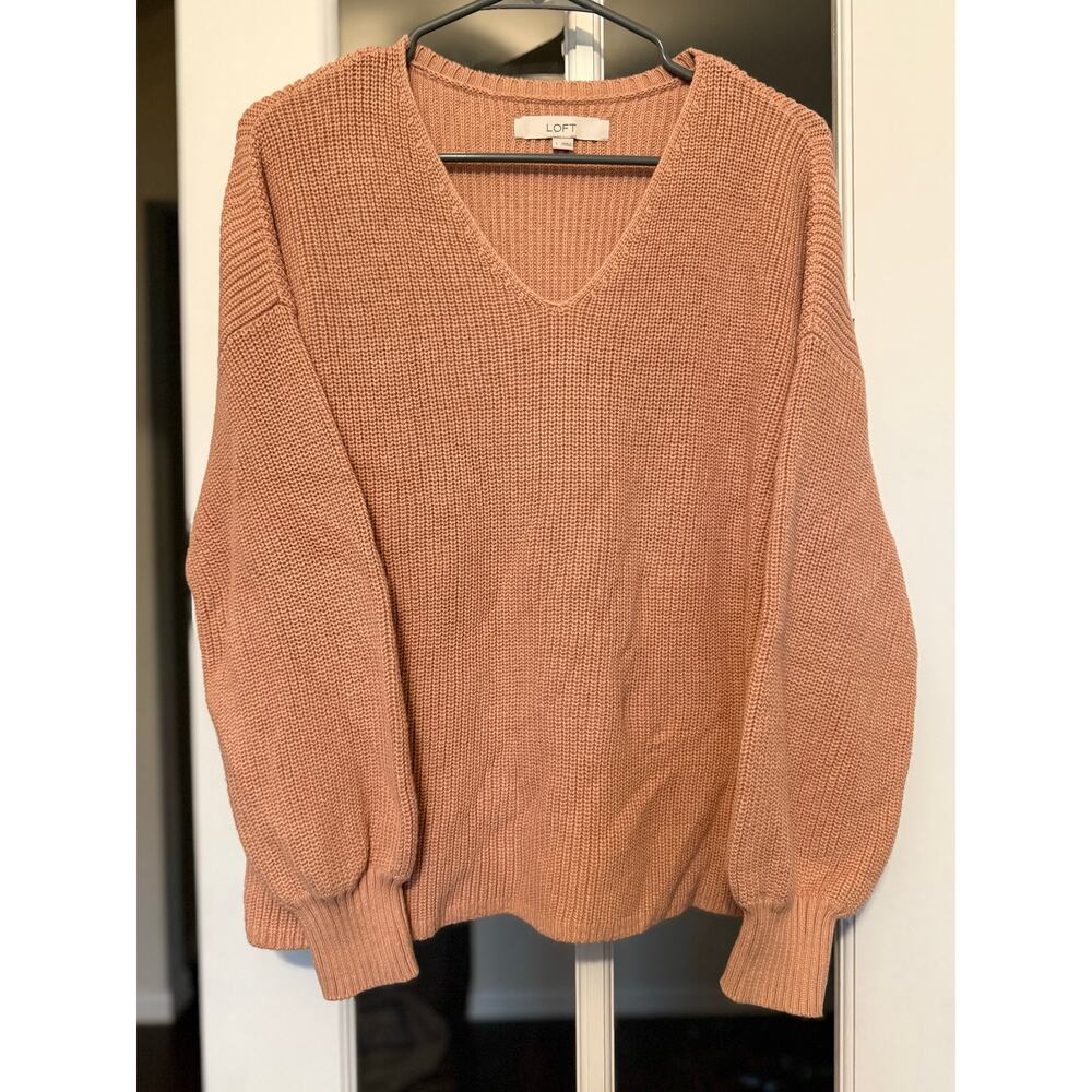 LOFT Women’s Chunky Knit V-Neck Sweater – Size Large – 100% Cotton Peach - Picture 2 of 10